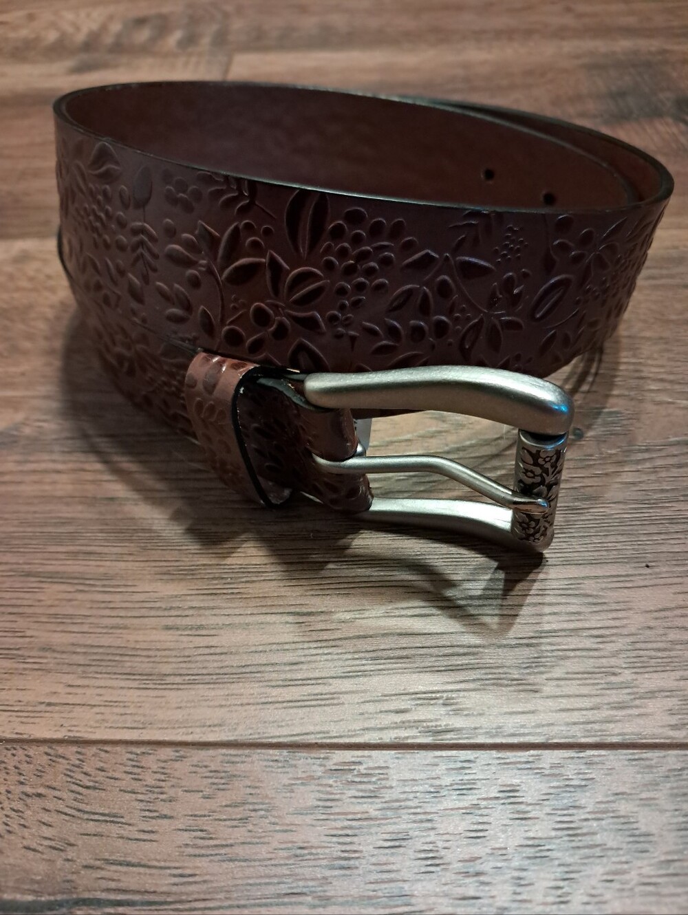 Women's Floral Embossed Brown Leather Belt with Decorative Buckle